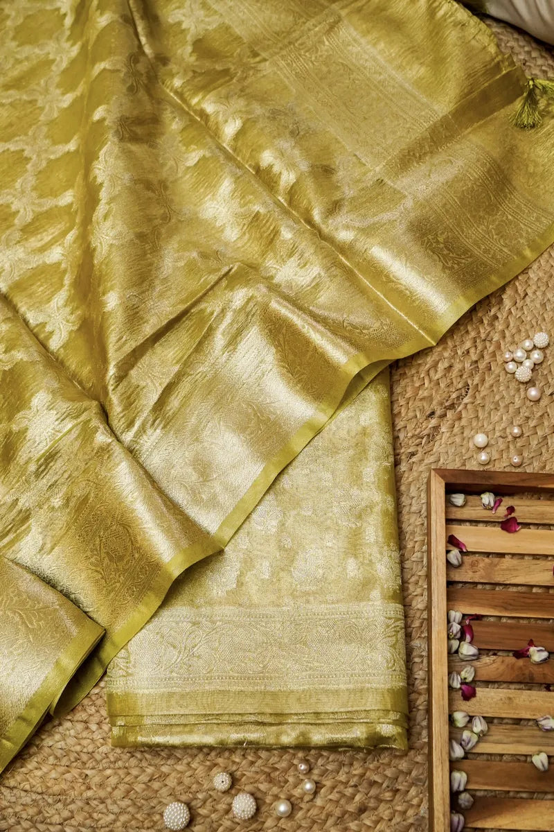 TISSUE SILK LIME YELLOW COLOR UNSTITCHED SUIT MATERIAL