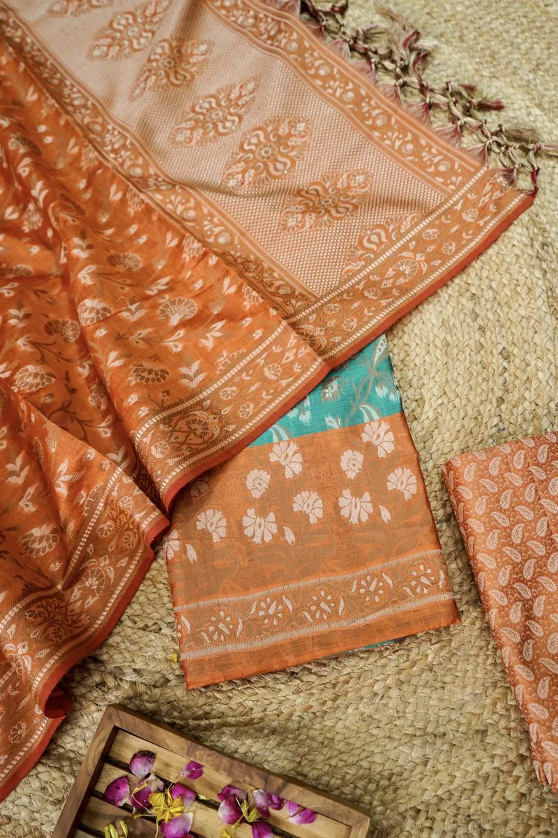 BANARASI SILK RAMA GREEN WITH ORANGE COLOR UNSTITCHED SUIT MATERIAL