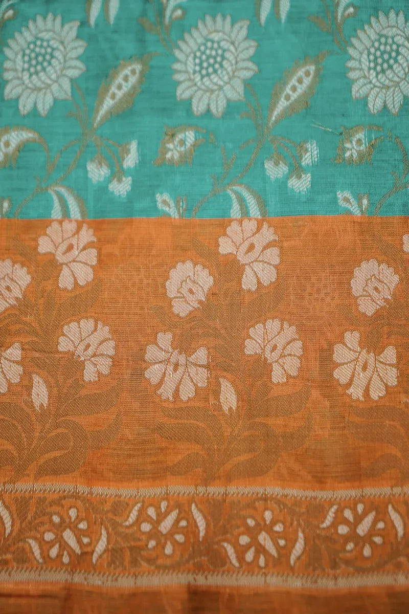 BANARASI SILK RAMA GREEN WITH ORANGE COLOR UNSTITCHED SUIT MATERIAL