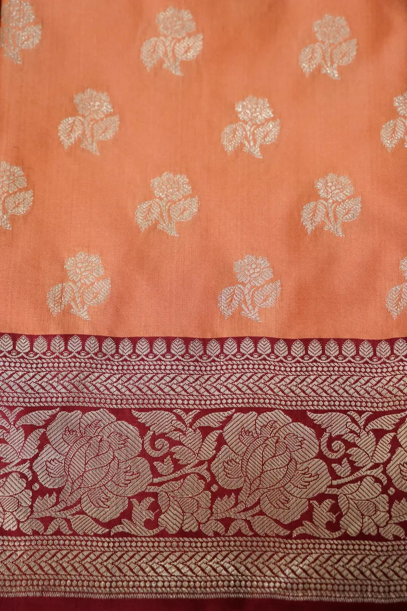 BANARASI  SILK ORANGE WITH MAROON COLOR UNSTITCHED SUIT MATERIAL