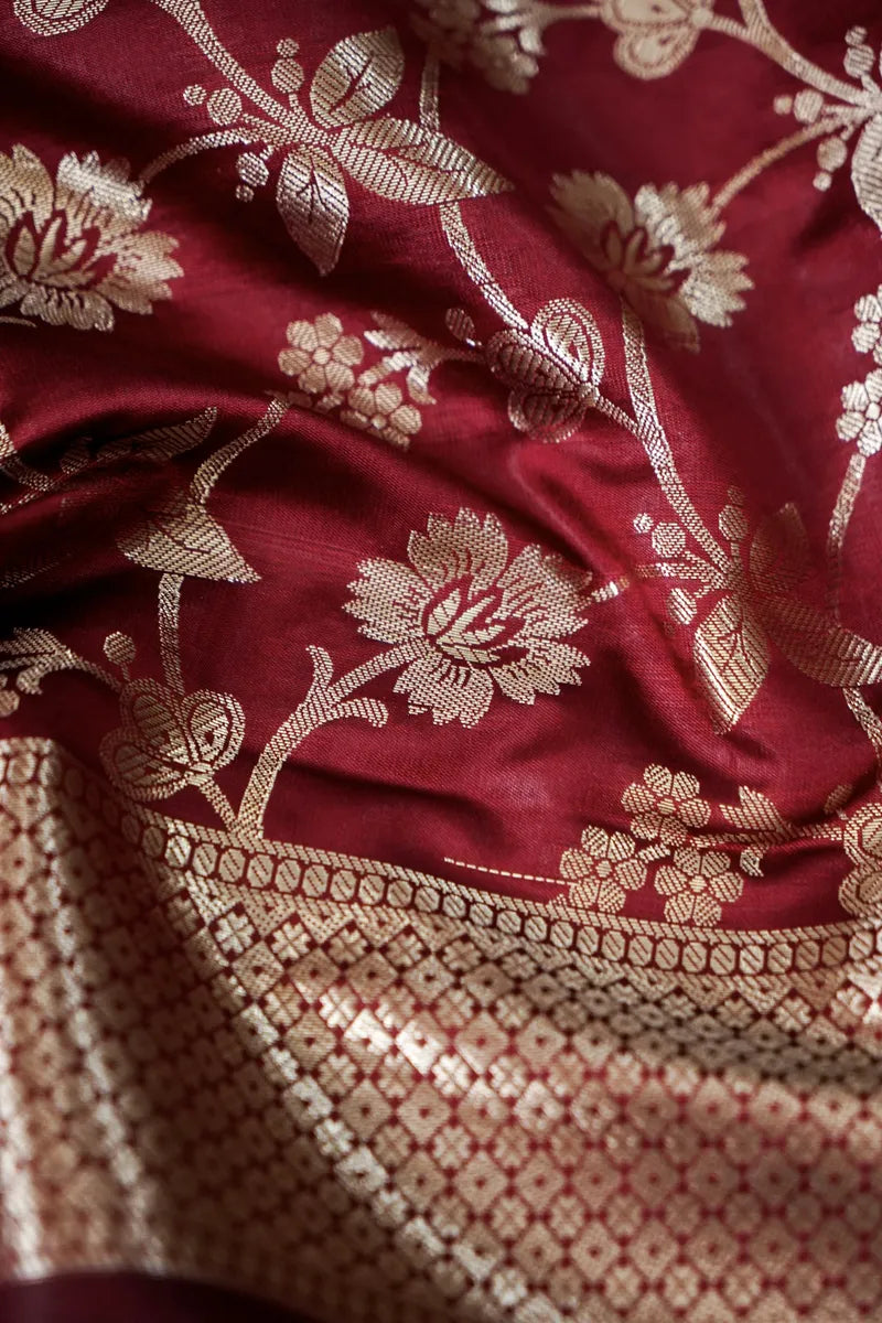 BANARASI  SILK ORANGE WITH MAROON COLOR UNSTITCHED SUIT MATERIAL
