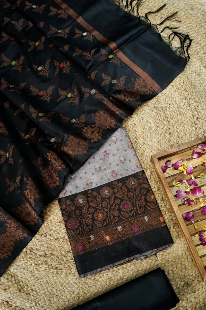 COTTON SILK GREY WITH BLACK COLOR UNSTITCHED SUIT MATERIAL
