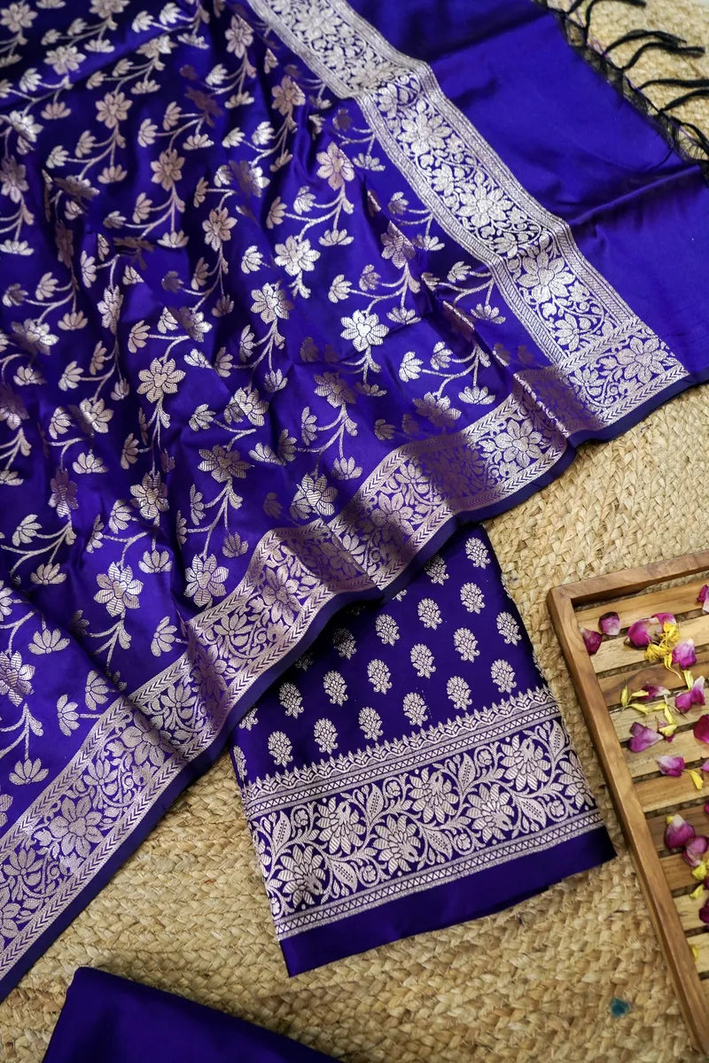 BANARASI SILK INDIGO COLOR UNSTITCHED SUIT MATERIAL