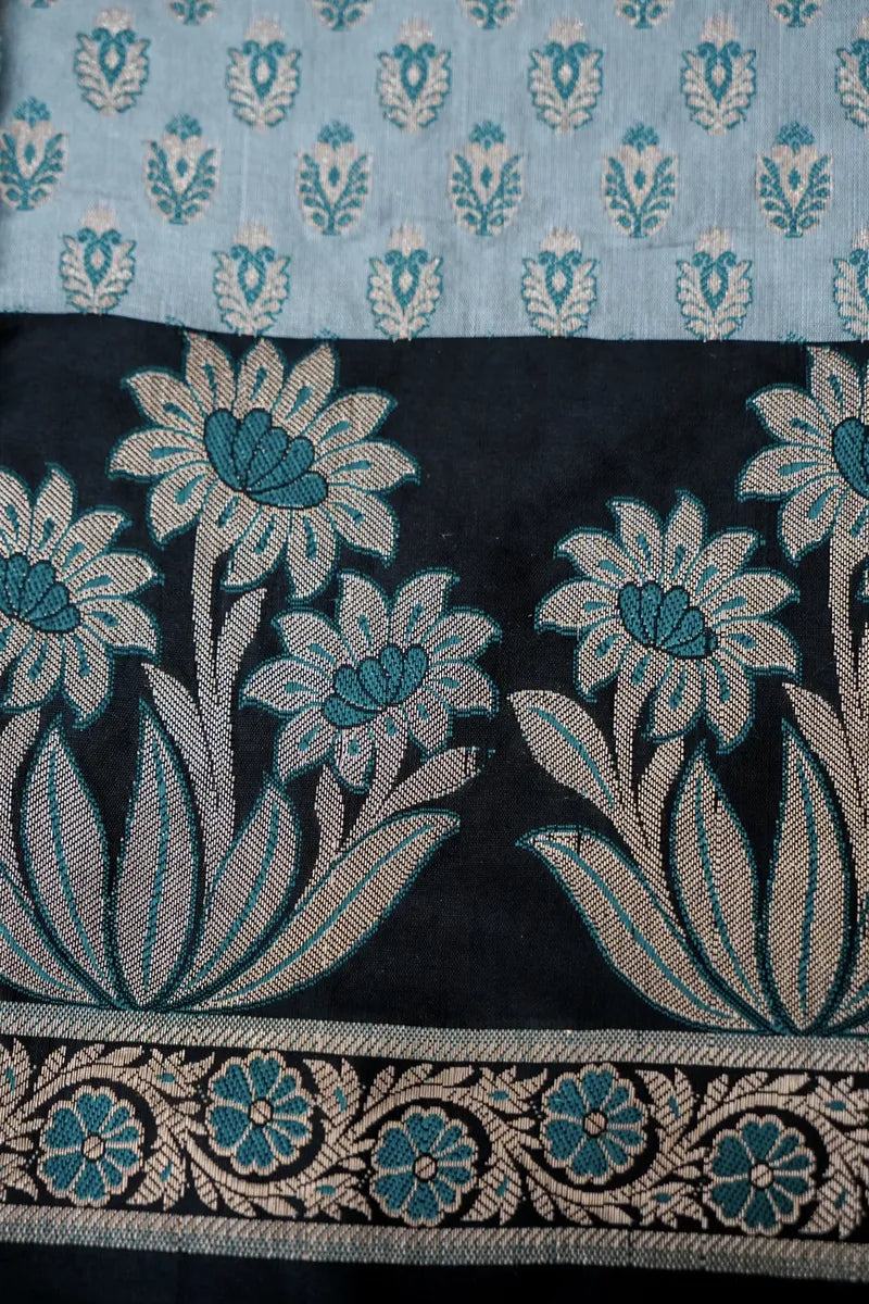 BANARASI SILK GREY WITH BLACK COLOR UNSTITCHED SUIT MATERIAL