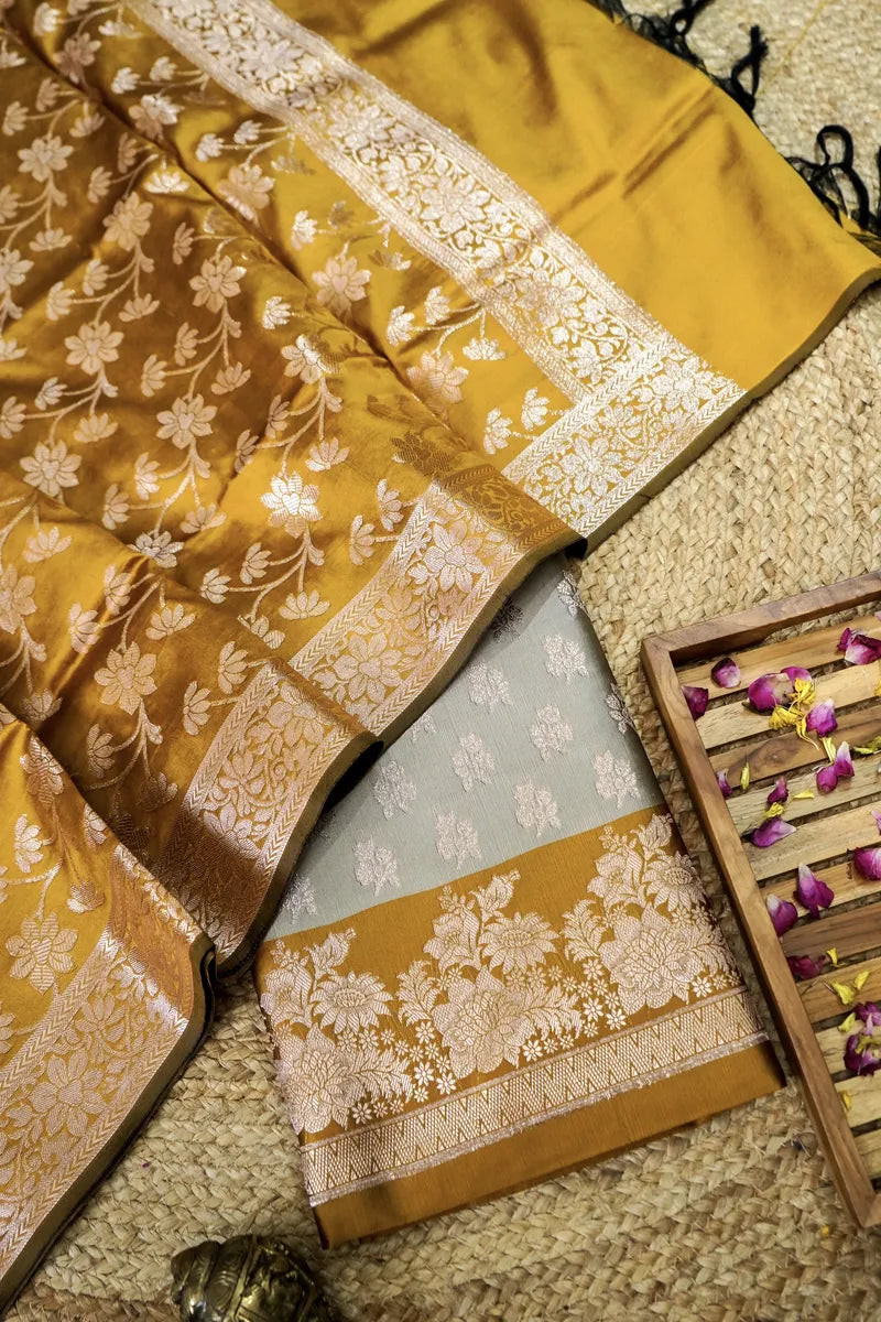 BANARASI SILK GREY WITH MUSTARD COLOR UNSTITCHED SUIT MATERIAL