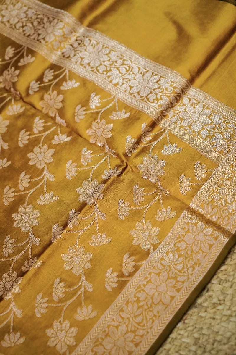 BANARASI SILK GREY WITH MUSTARD COLOR UNSTITCHED SUIT MATERIAL