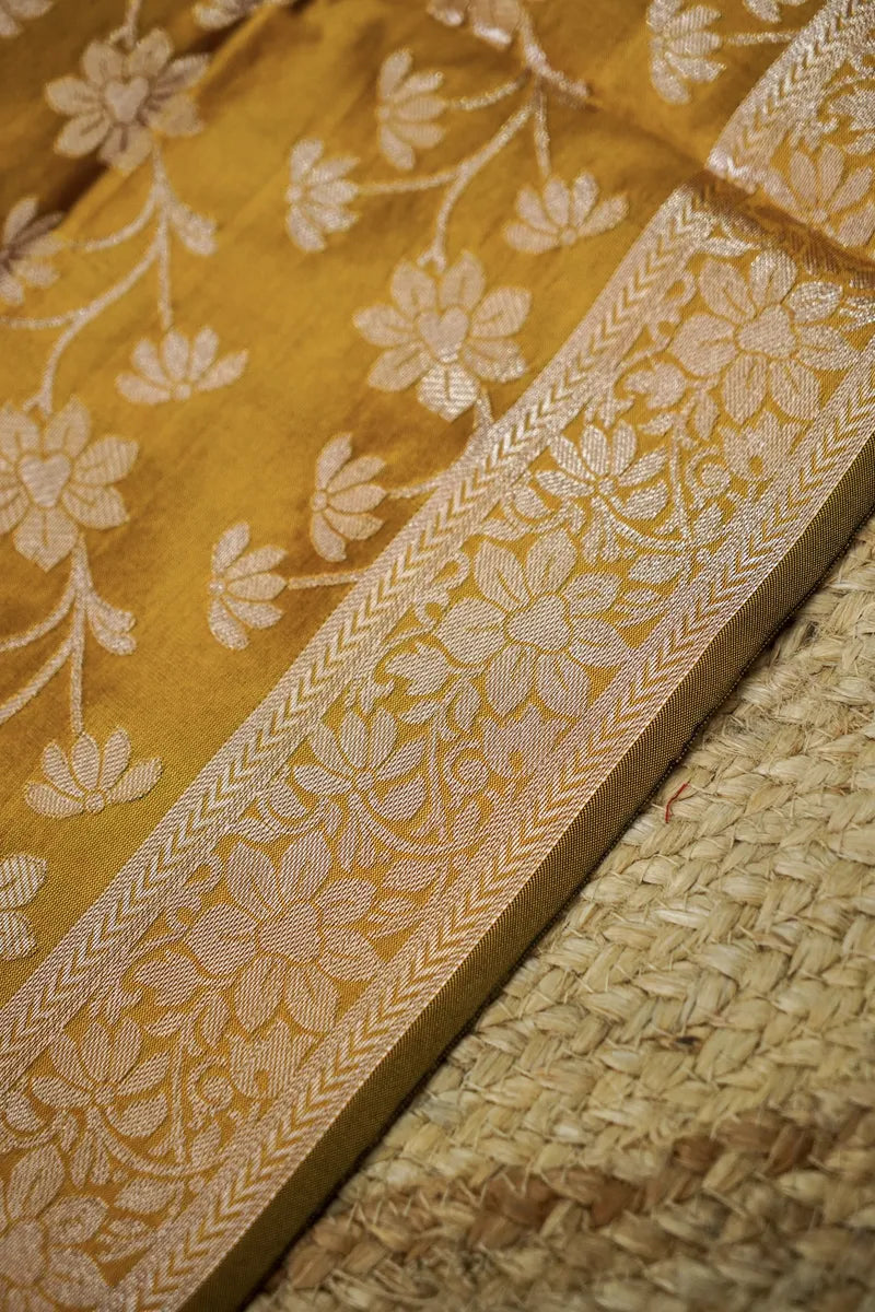 BANARASI SILK GREY WITH MUSTARD COLOR UNSTITCHED SUIT MATERIAL