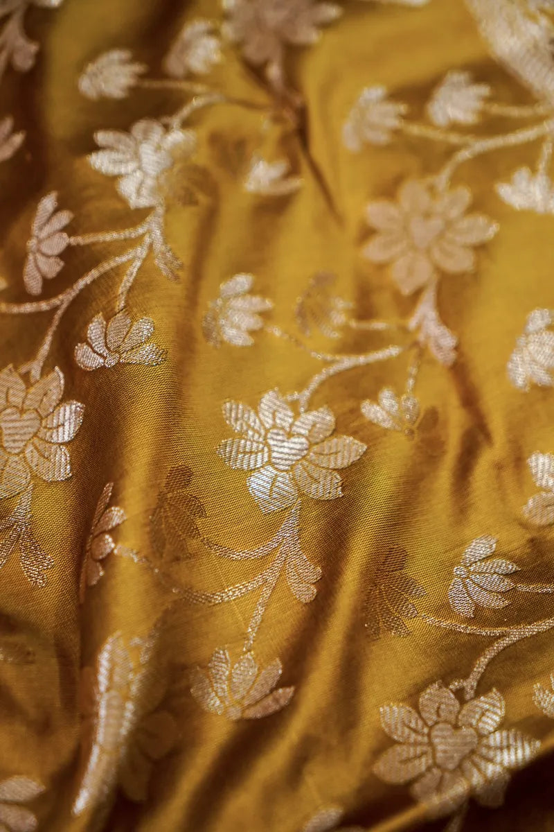 BANARASI SILK GREY WITH MUSTARD COLOR UNSTITCHED SUIT MATERIAL