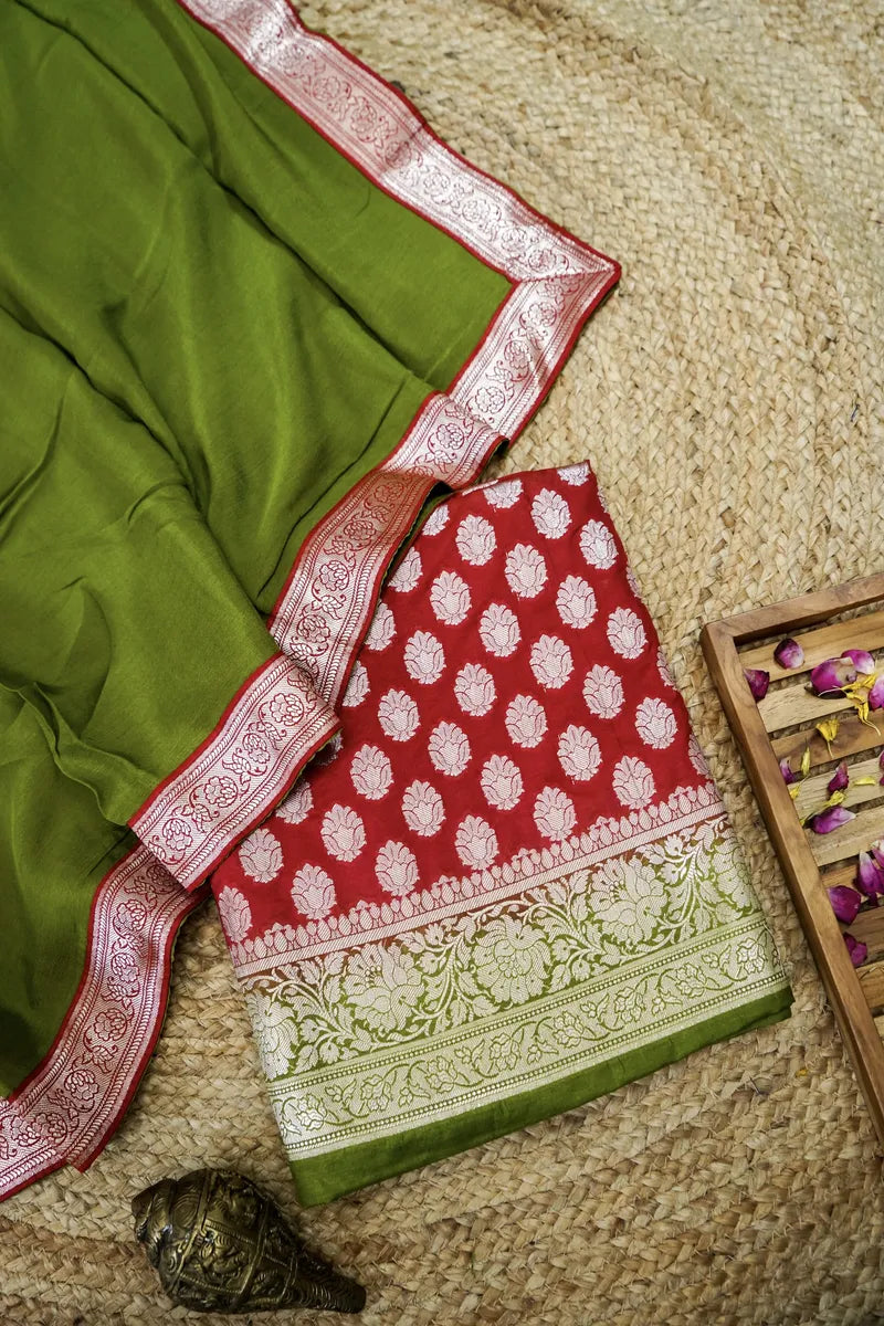 BANARASI SILK RED WITH MEHENDI COLOR UNSTITCHED SUIT MATERIAL