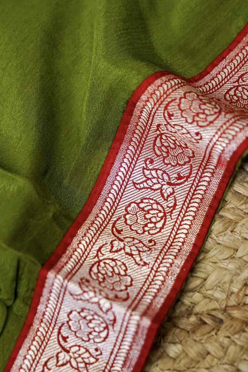 BANARASI SILK RED WITH MEHENDI COLOR UNSTITCHED SUIT MATERIAL