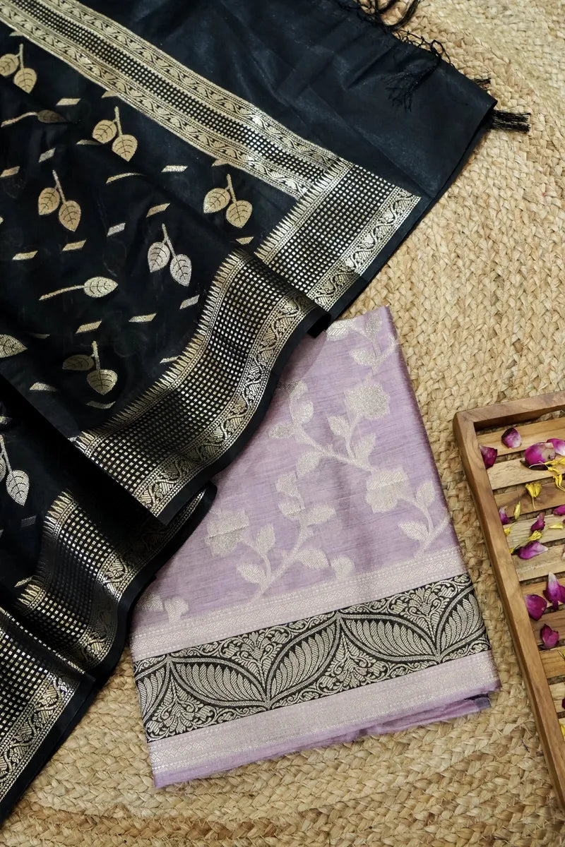 COTTON SILK LAVENDER WITH BLACK COLOR UNSTITCHED SUIT MATERIAL