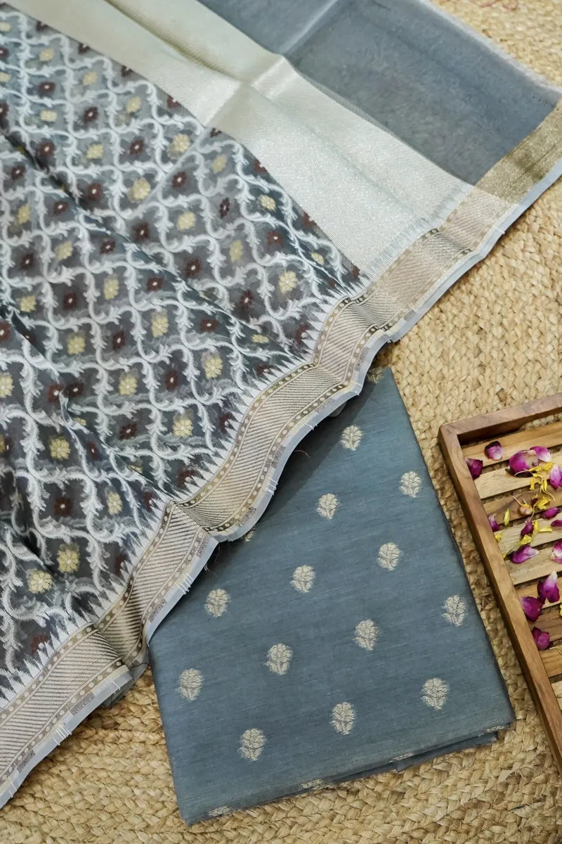 RAW SILK GREY COLOR UNSTITCHED SUIT MATERIAL