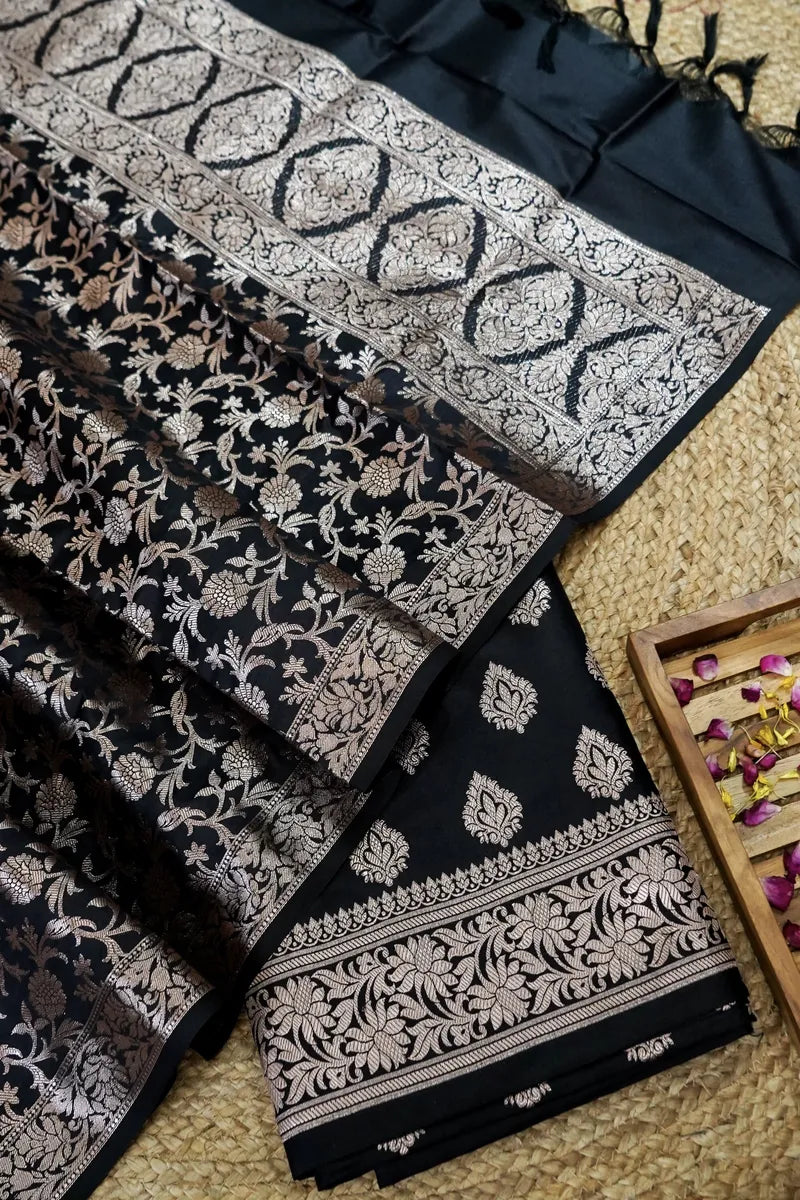BANARASI SILK BLACK COLOR UNSTITCHED SUIT MATERIAL