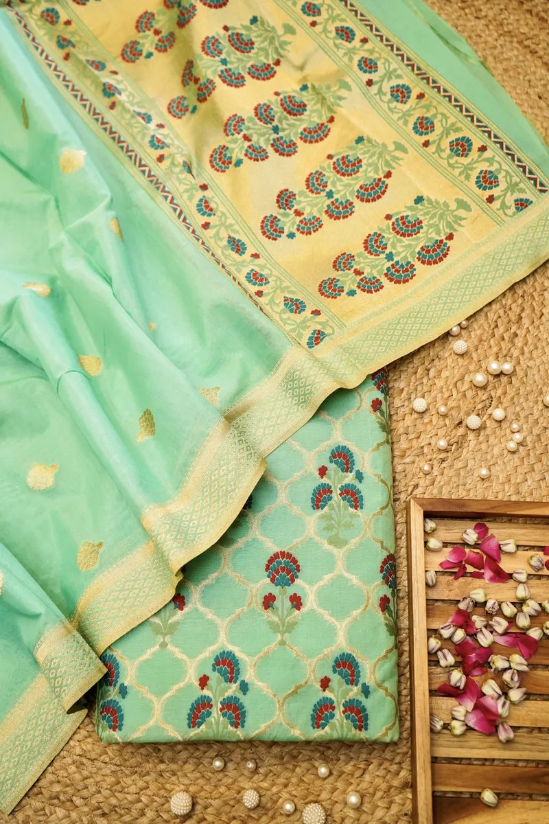BANARASI KATAN SILK LIME GREEN COLOR UNSTITCHED SUIT MATERIAL