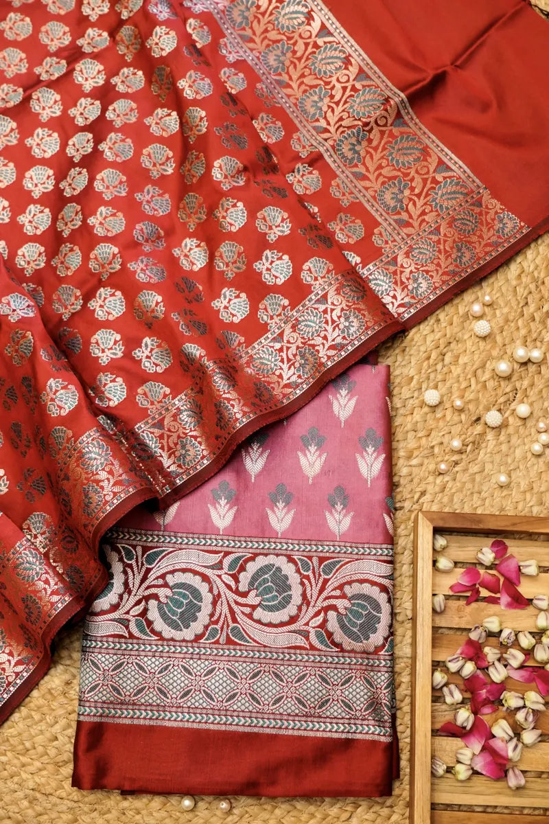 BANARASI SILK PONDS PINK WITH MAROON COLOR UNSTITCHED SUIT MATERIAL