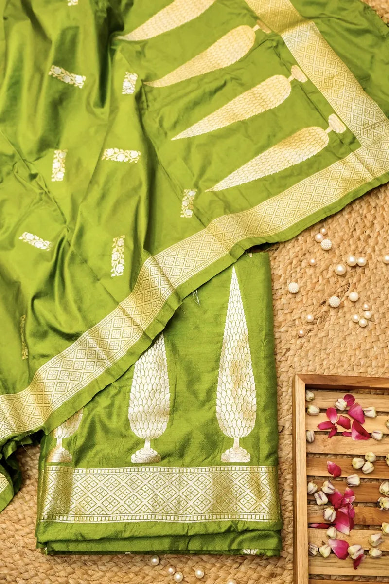 BANARASI KATAN SILK PARROT GREEN COLOR UNSTITCHED SUIT MATERIAL