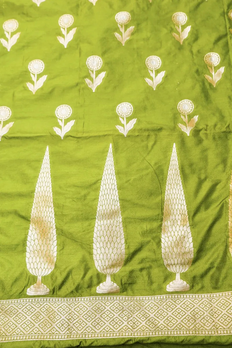 BANARASI KATAN SILK PARROT GREEN COLOR UNSTITCHED SUIT MATERIAL