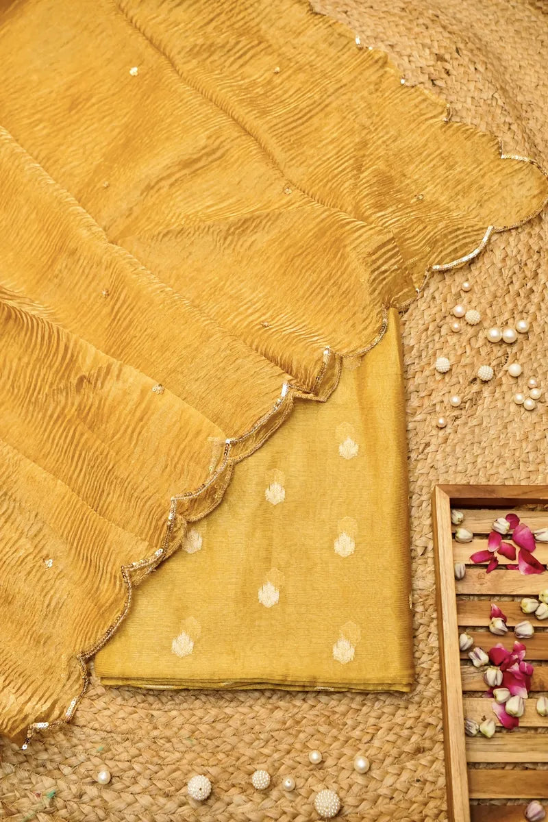 TISSUE SILK YELLOW COLOR UNSTITCHED SUIT MATERIAL