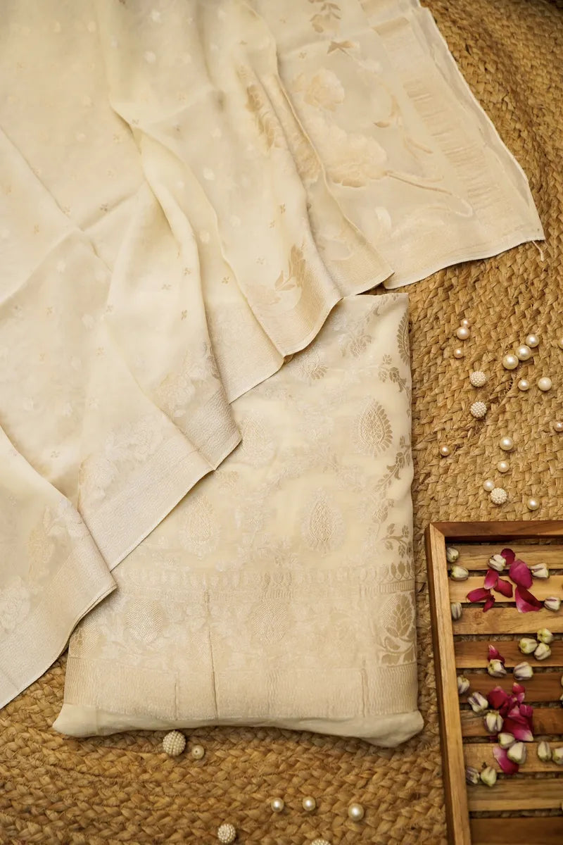 GEORGETTE BANARASI OFF WHITE COLOR UNSTITCHED SUIT MATERIAL