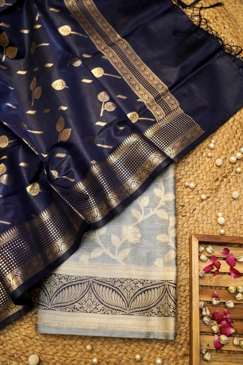 COTTON SILK GREY WITH BLACK COLOR UNSTITCHED SUIT MATERIAL
