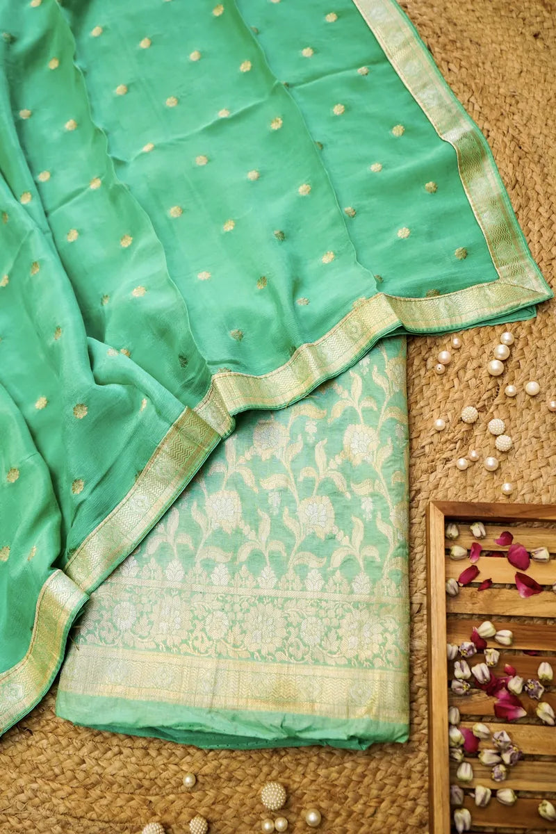 BANARASI SILK MINT GREEN COLOR UNSTITCHED SUIT MATERIAL