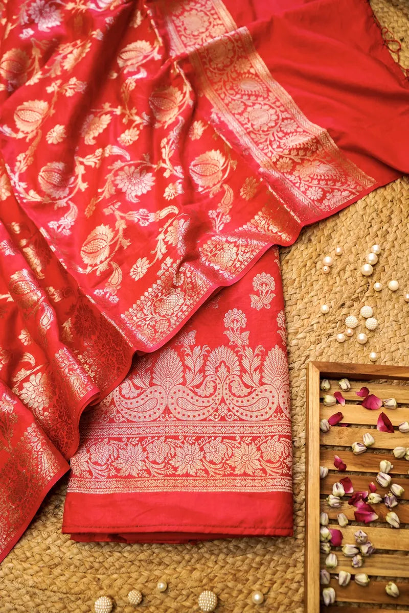 BANARASI SILK GAJARI PINK COLOR UNSTITCHED SUIT MATERIAL