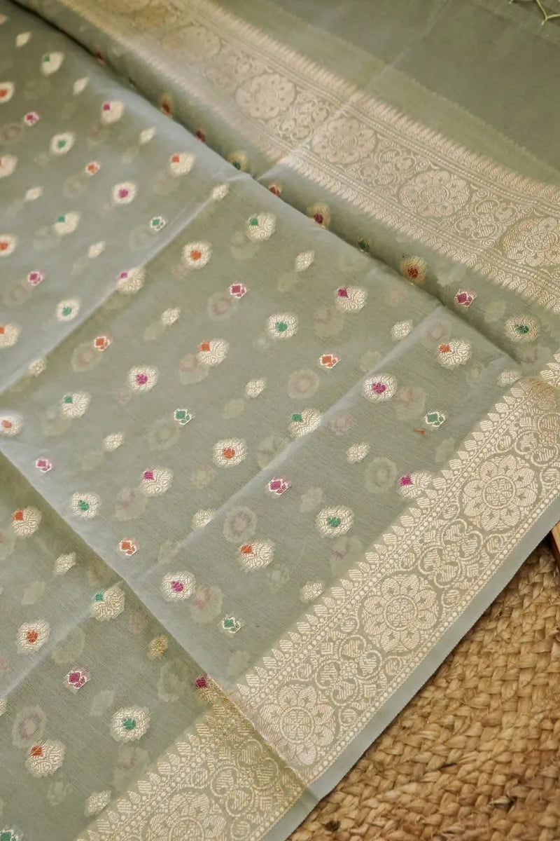 BANARASI SILK LITE PISTA GREEN COLOR UNSTITCHED SUIT MATERIAL