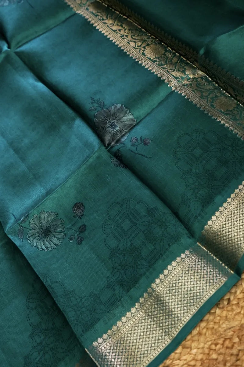 TISSUE SILK TEAL BLUE COLOR UNSTITCHED SUIT MATERIAL