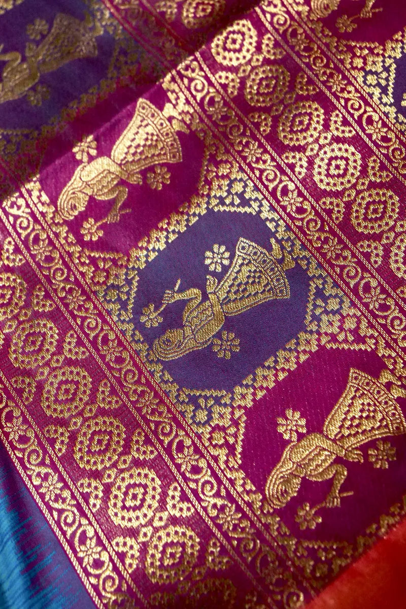 BANARASI SATIN RAMA GREEN WITH PURPLE COLOR SILK SAREE