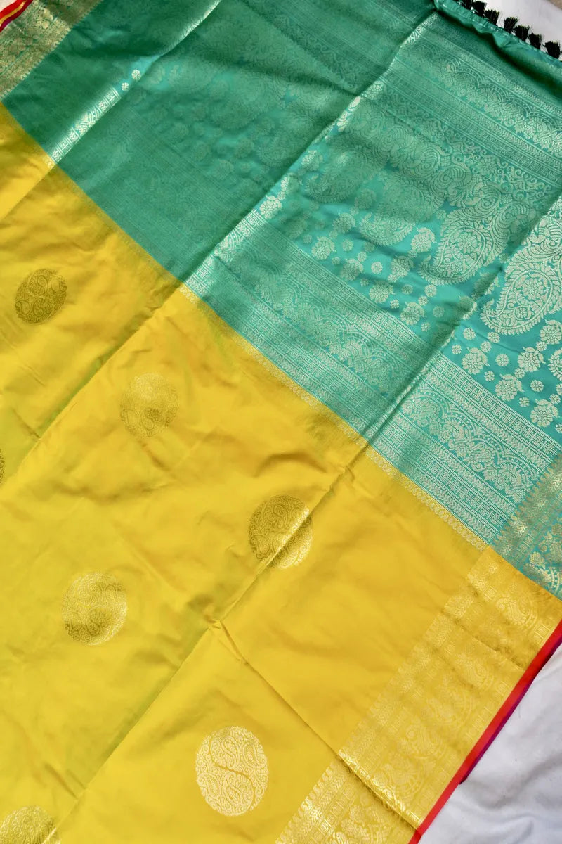 BANARASI SATIN LEMON WITH RAMA GREEN COLOR SILK SAREE