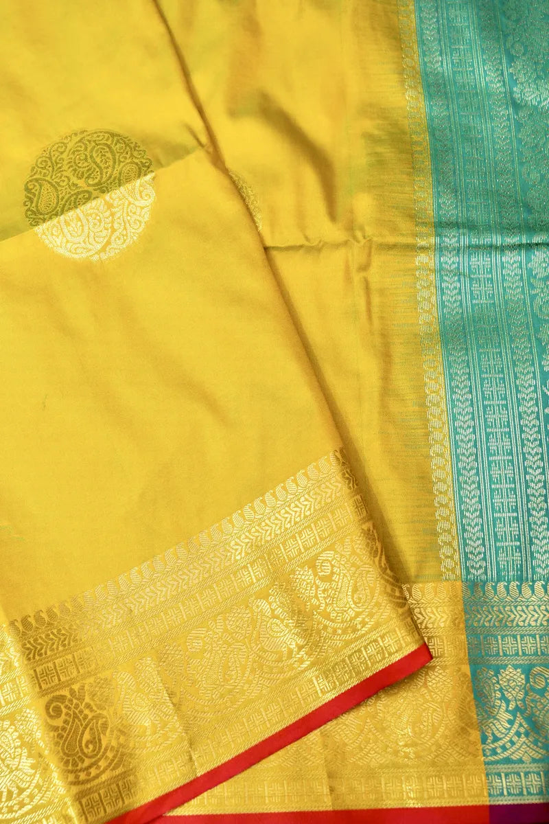 BANARASI SATIN LEMON WITH RAMA GREEN COLOR SILK SAREE
