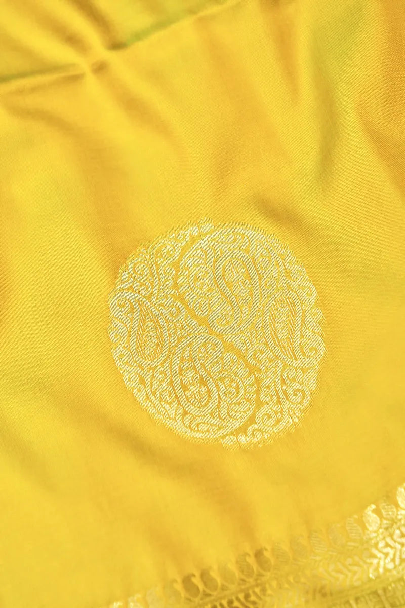 BANARASI SATIN LEMON WITH RAMA GREEN COLOR SILK SAREE