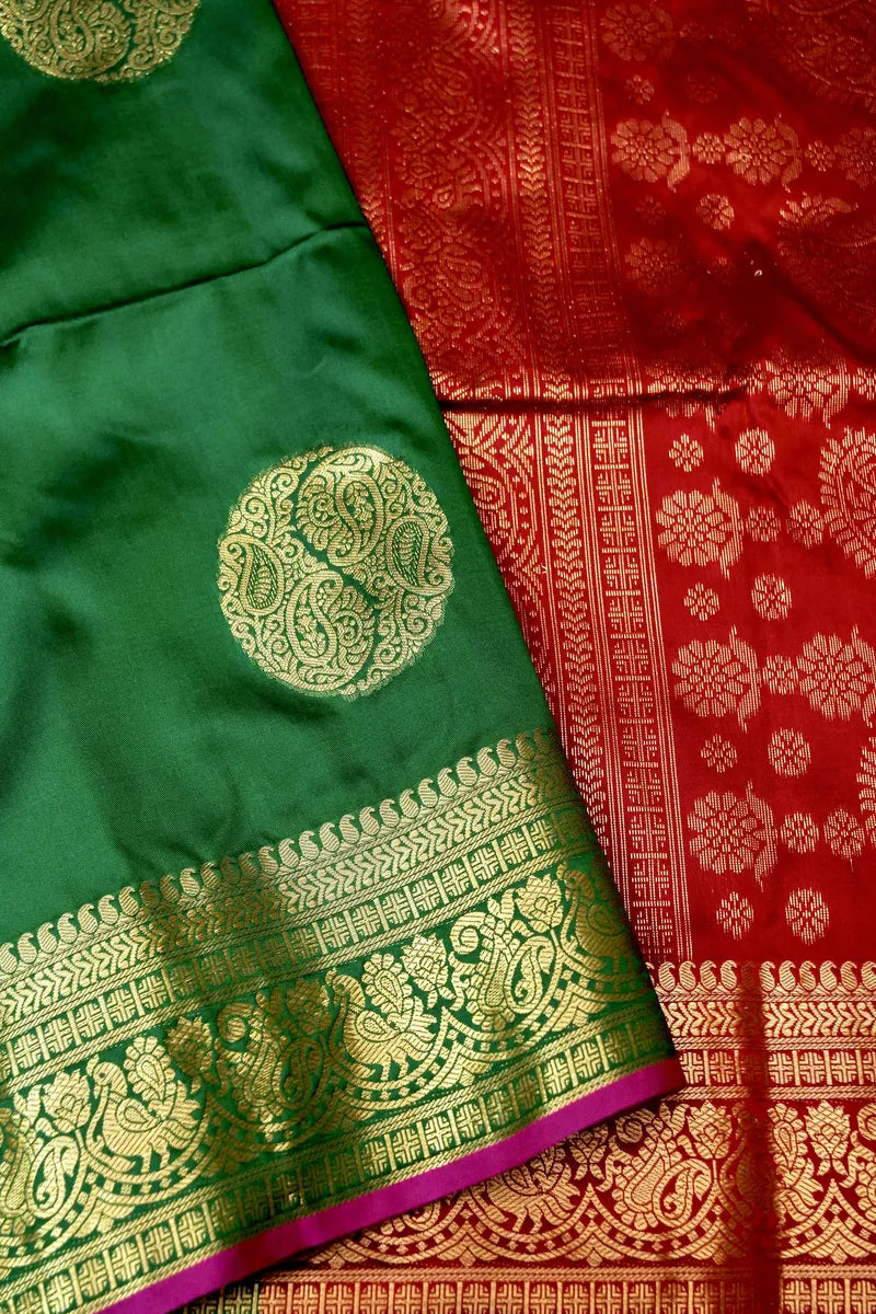 BANARASI SATIN GREEN WITH MAROON COLOR SILK SAREE