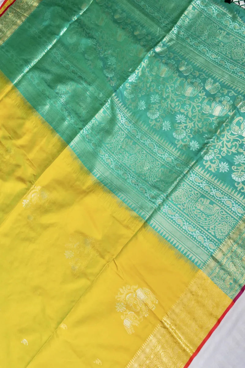 BANARASI SATIN LEMON WITH RAMA GREEN COLOR SILK SAREE
