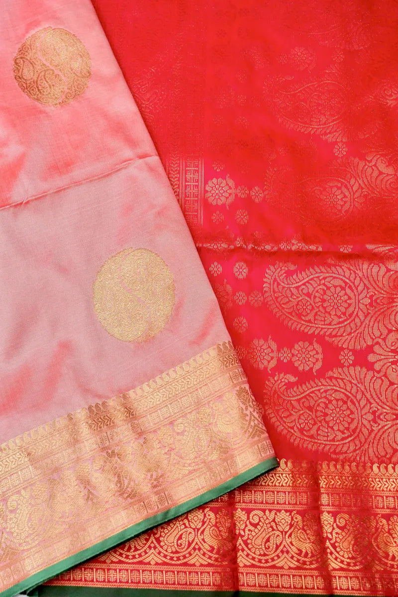 BANARASI SATIN PEACH WITH HOT PINK COLOR SILK SAREE