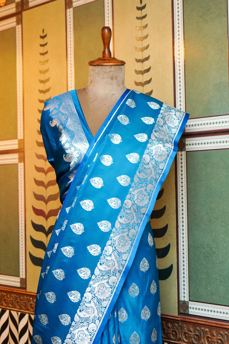 FIROZI SILK SAREE WITH SILVER ZARI LEAF