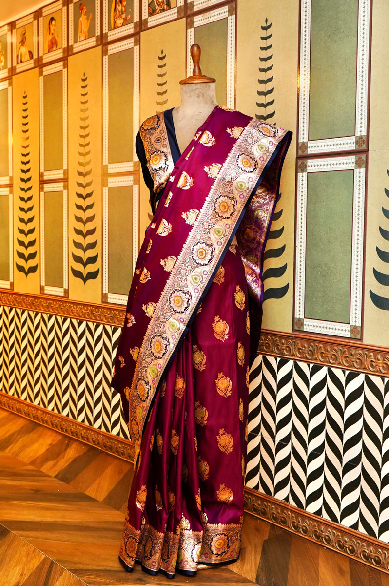 DARK MAROON SILK SAREE WITH TILL BLUE BORDER