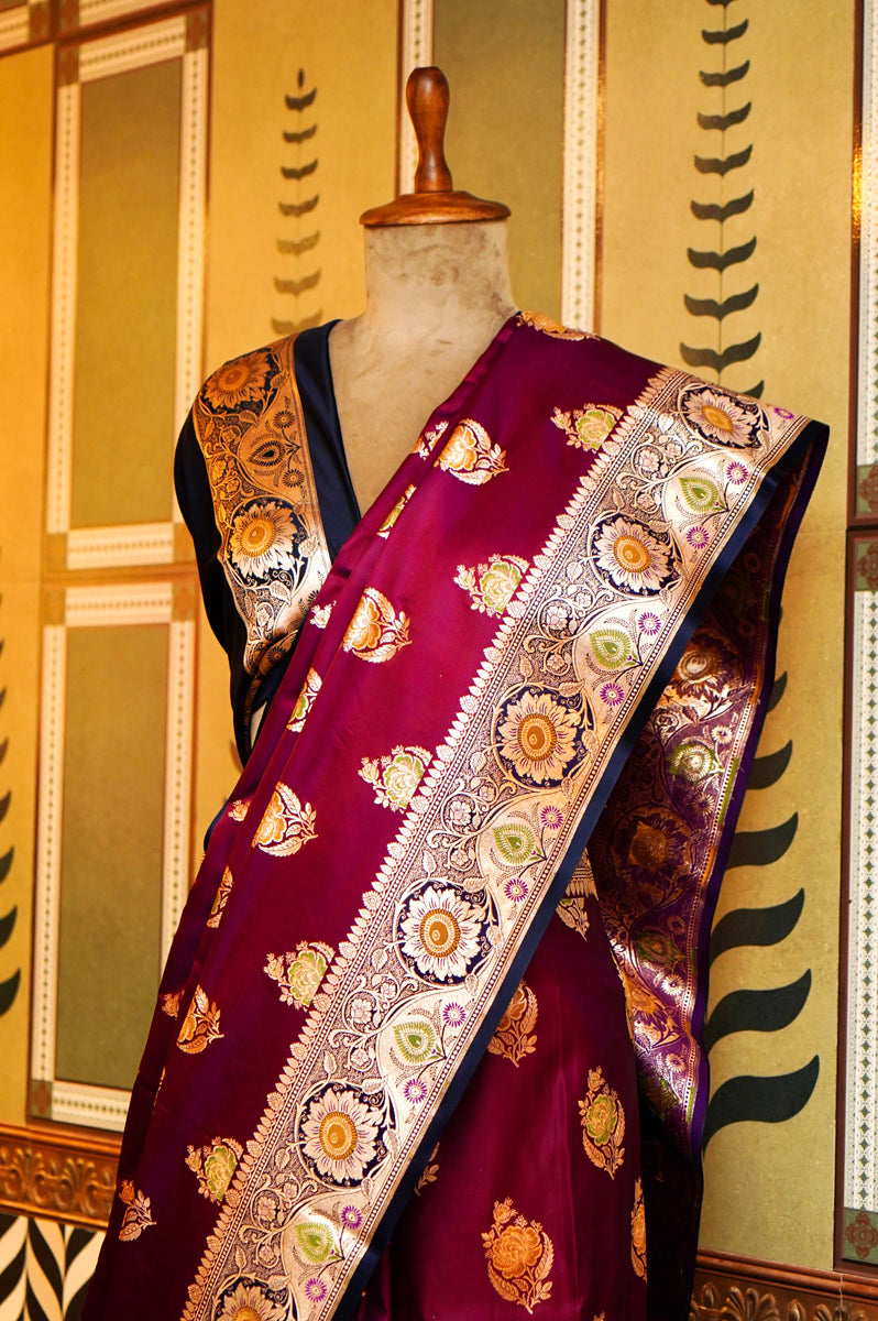 DARK MAROON SILK SAREE WITH TILL BLUE BORDER