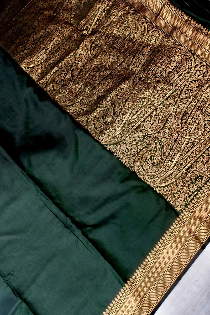 BANARASI SATIN DARK BOTTLE GREEN COLOR SILK SAREE