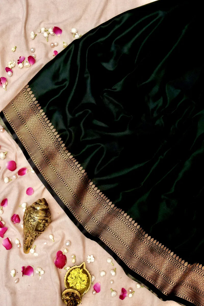BANARASI SATIN DARK BOTTLE GREEN COLOR SILK SAREE