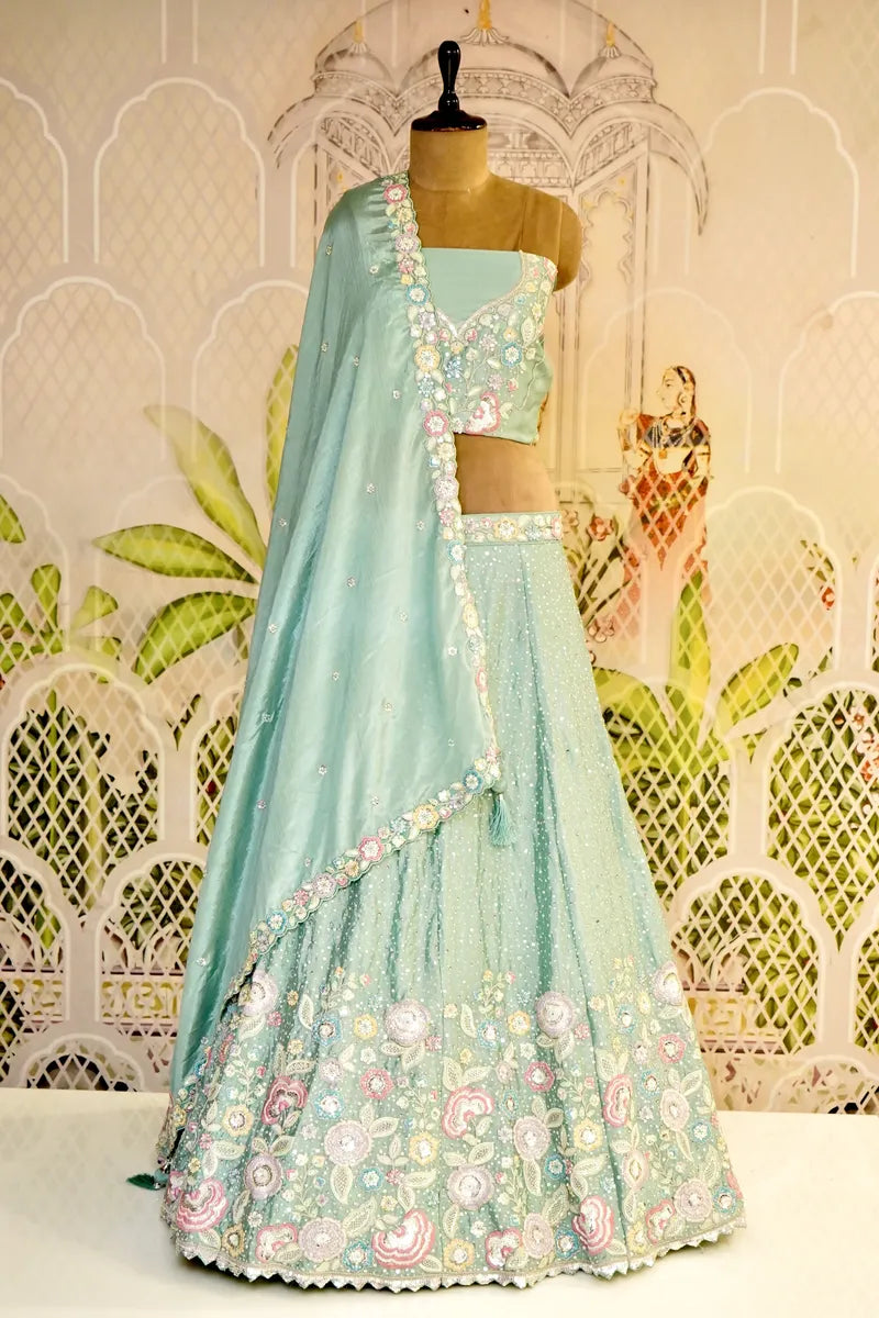 PURE CREPE SILK SEA GREEN COLOR PARTY WEAR LEHENGA