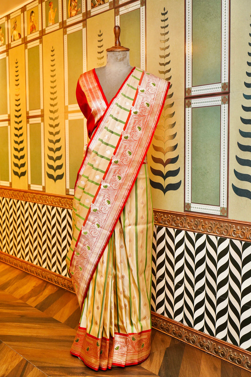 GOLDEN COLOUR BANARASI SILK SAREE WITH RED BORDER