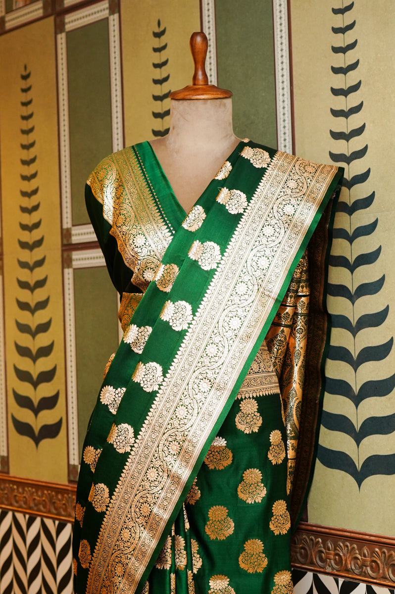 Bottle green Silk Saree with Golden Jari