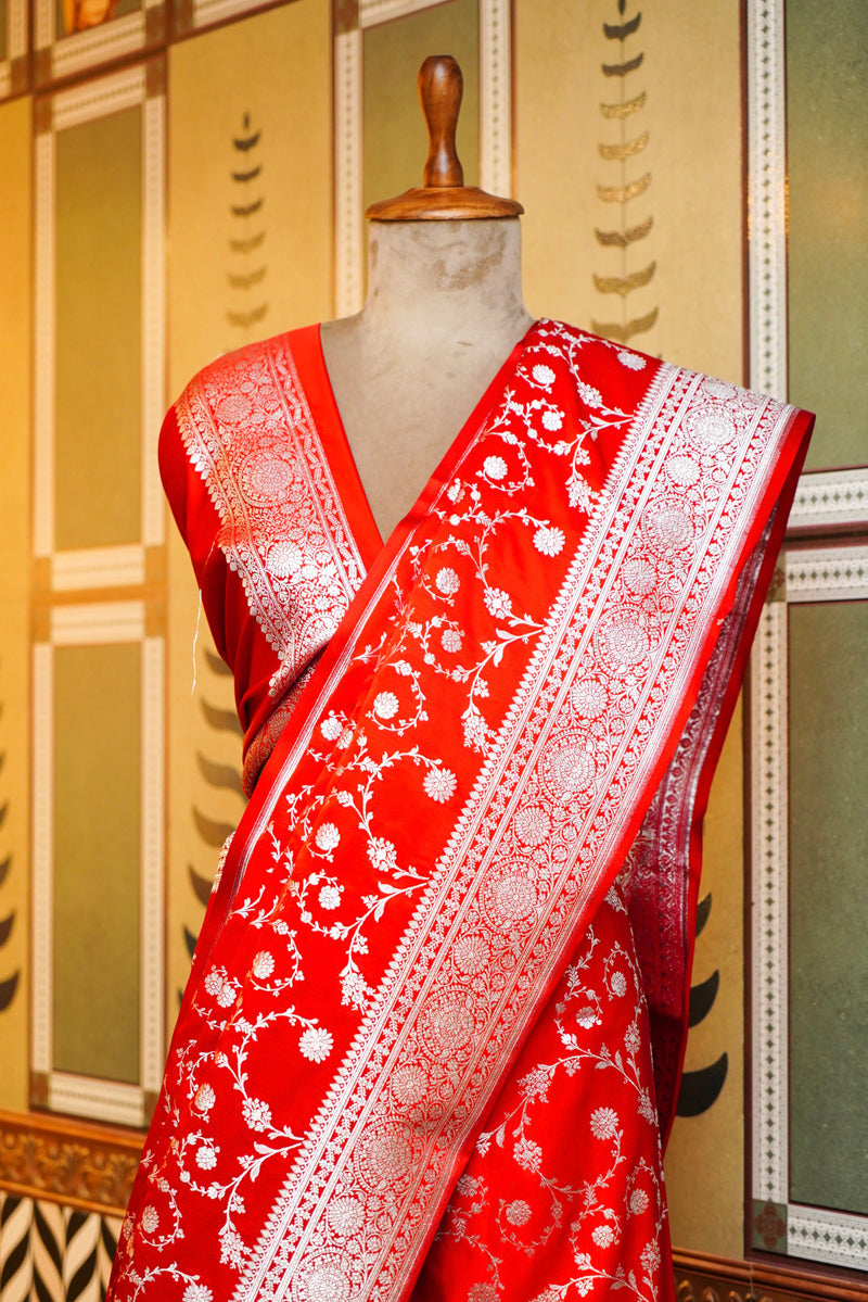 RED BANARASI SILK SAREE WITH SILVER ZARI JAAL WORK