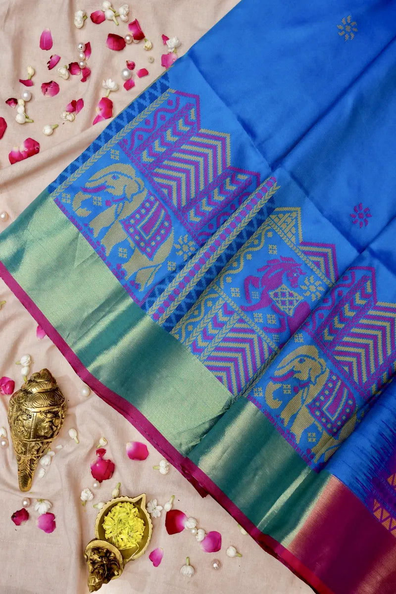 BANARASI SATIN PEACOCK BLUE WITH PURPLE COLOR SILK SAREE