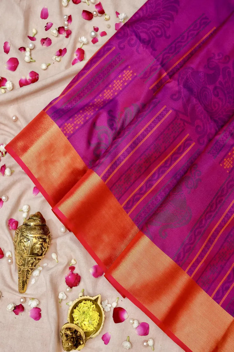 BANARASI SATIN PURPLE WITH RAMA GREEN COLOR SILK SAREE