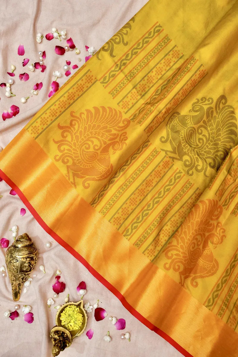 BANARASI SATIN LEMON YELLOW WITH RAMA GREEN COLOR SILK SAREE