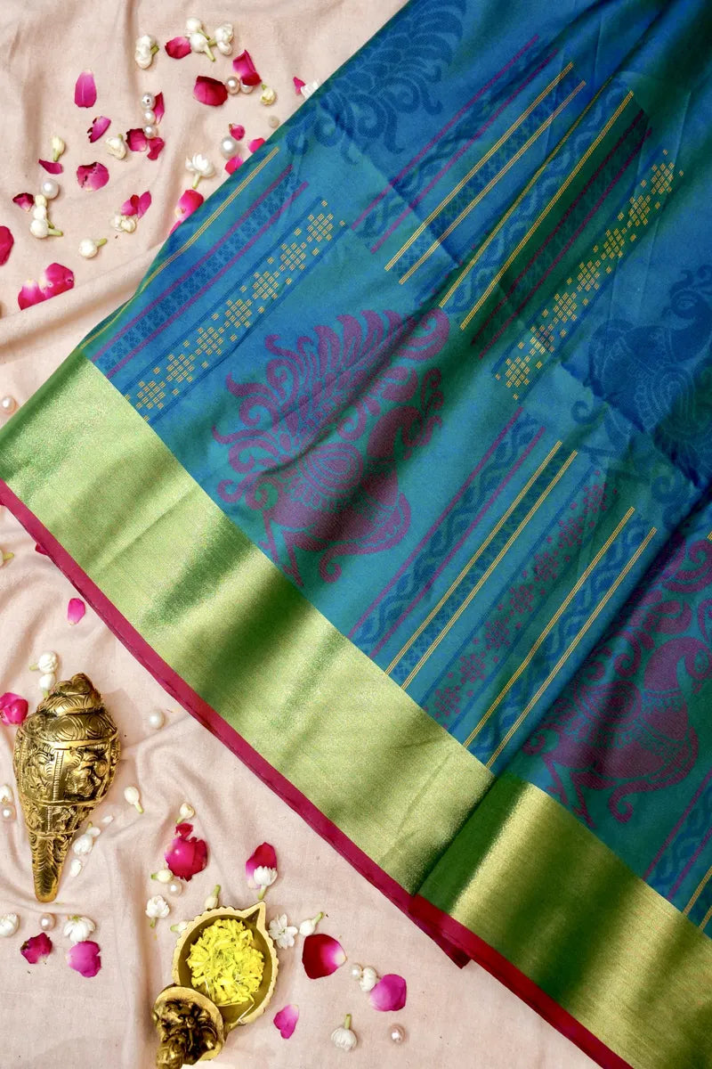 BANARASI SATIN PEACOCK BLUE WITH PURPLE COLOR SILK SAREE