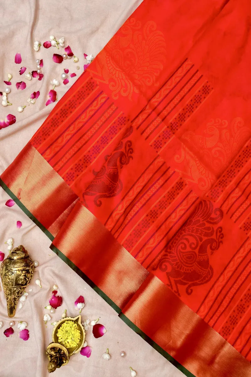 BEST BANARASI SATIN RED WITH RAMA GREEN COLOR SILK SAREE