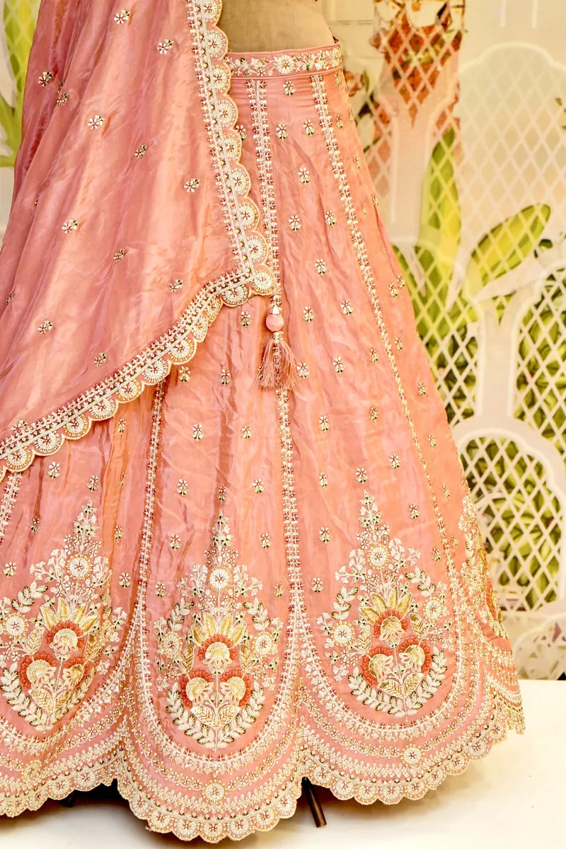 PURE CREPE SILK PEACH COLOR PARTY WEAR LEHENGA